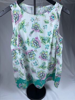 J. Jill White Floral Sleeveless Shell with Pink & Green Accents